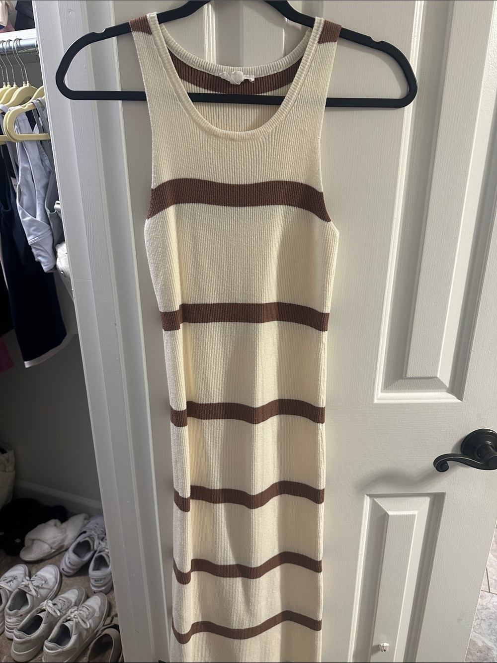 Sleeveless Cream and Brown Striped Knit Maxi Dress